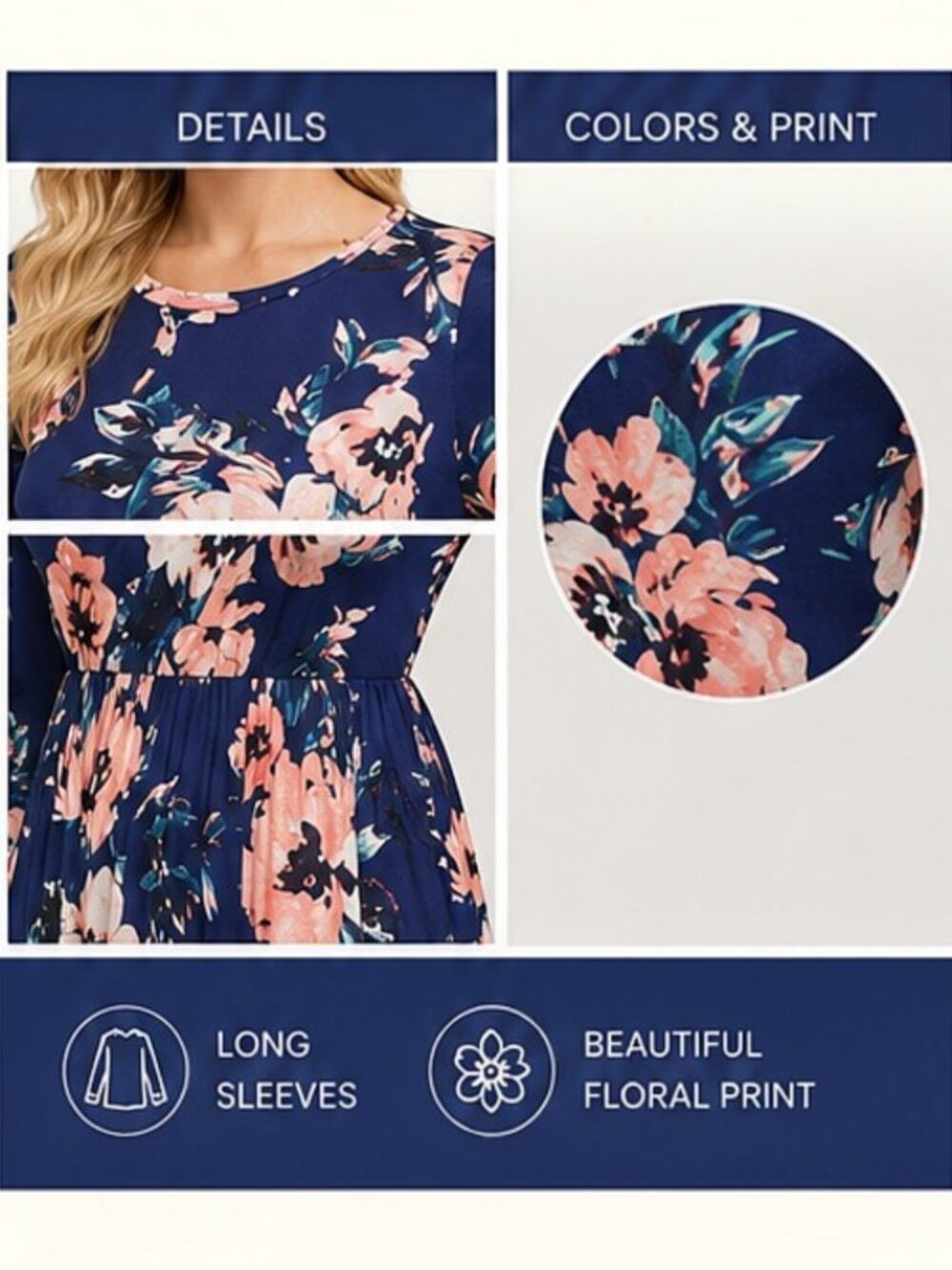 Women's Gathered Waist Navy Floral Print Bohemian Maxi Dress w/Pockets | XS-L - Picture 7 of 9
